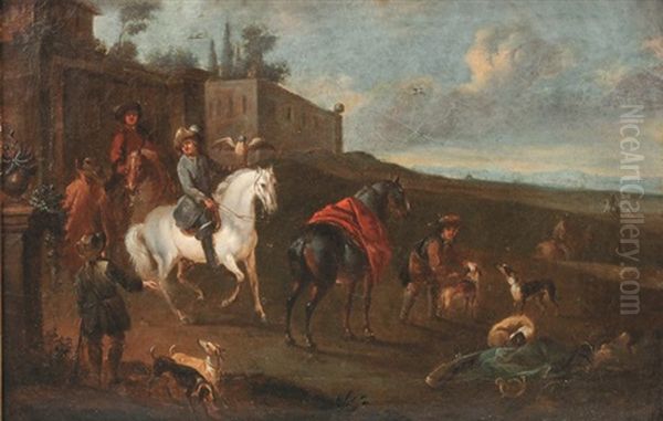 Reitergruppe Bei Aufbruch Zur Falkenjagd - Vornehmes Paar Bei Der Jagd Zu Pferde Oil Painting by Carel van Falens or Valens