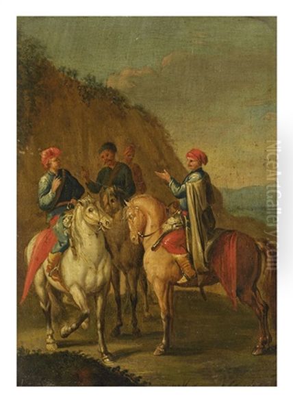 Landscape With Four Riders Oil Painting by Carel van Falens or Valens