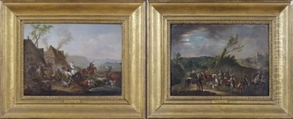 Le Convoi D'armee Soldats Pillant Un Village (pair) Oil Painting by Carel van Falens or Valens