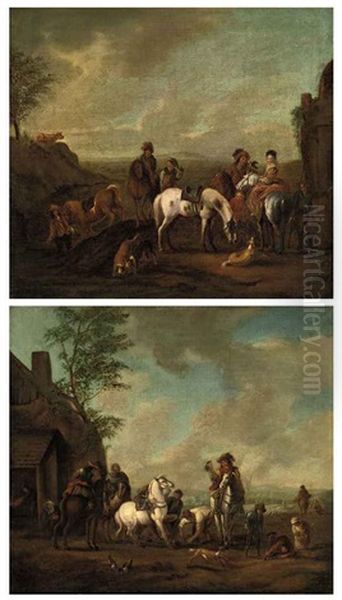 A Hunting Party Stopping At A Blacksmith's (+ A Hunting Party Stopping At A Stream; Pair) Oil Painting by Carel van Falens or Valens