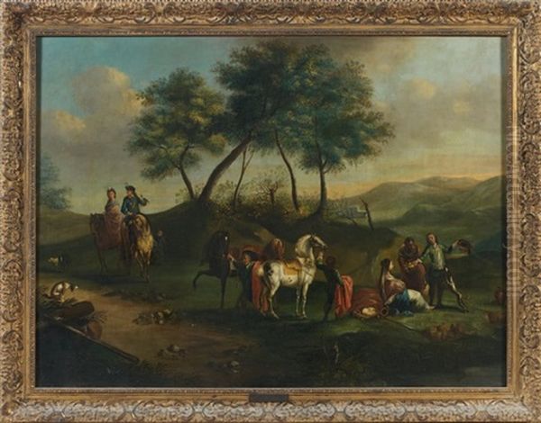 Le Repos Des Chasseurs Oil Painting by Carel van Falens or Valens