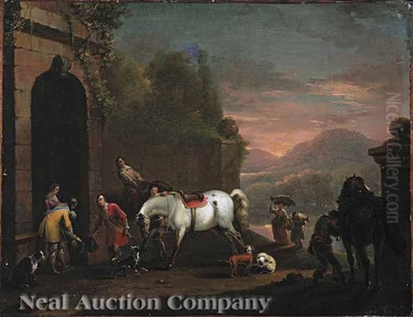 A Courtly Couple Receiving A Noble Visitor At A Castle In The Mountains Oil Painting by Carel van Falens or Valens