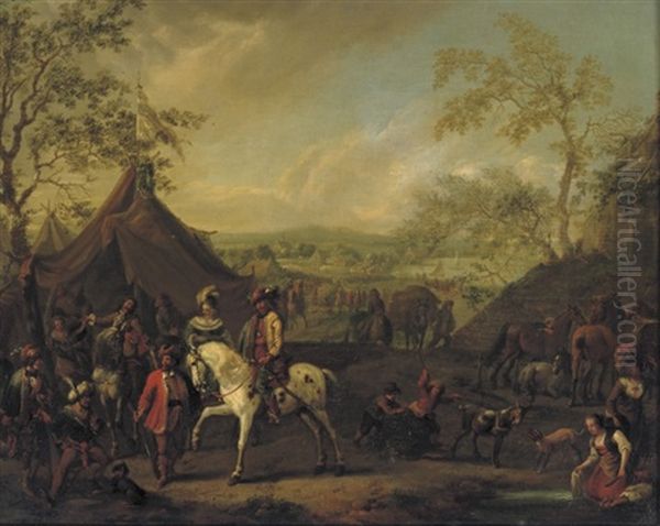 An Elegant Company On Horseback By A Camp In A Wooded Landscape Oil Painting by Carel van Falens or Valens