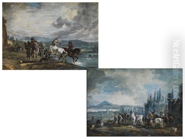 Reiter Mit Pferden An Einem Flussufer Bei Der Pferdeschwemme (+ Landschaft Mit Figurendarstellung; Pair) Oil Painting by Carel van Falens or Valens