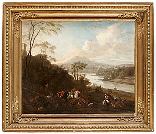 Bergigt Flodlandskap Med Jaktsallskap Oil Painting by Carel van Falens or Valens
