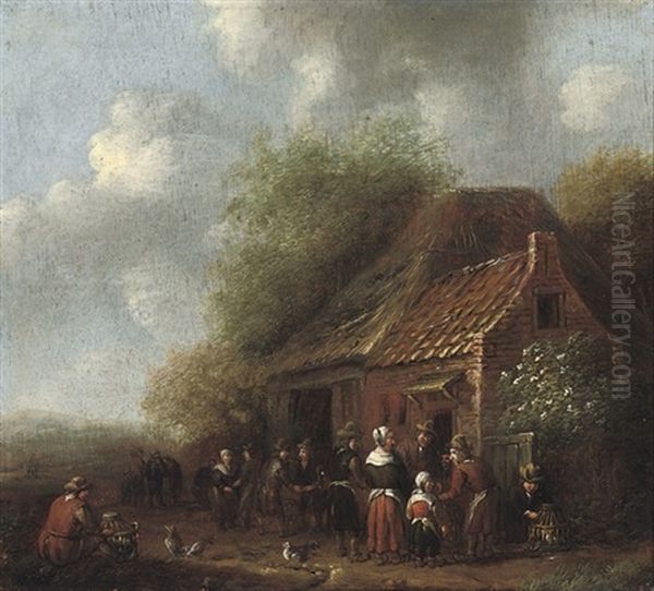 Peasants Outside An Inn Oil Painting by Carel van Falens or Valens