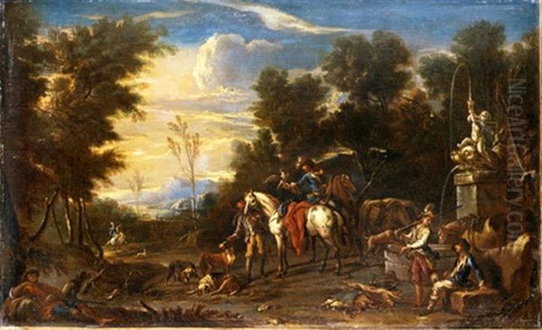 Sosta Di Cavalieri Presso Un Fontanile Oil Painting by Carel van Falens or Valens