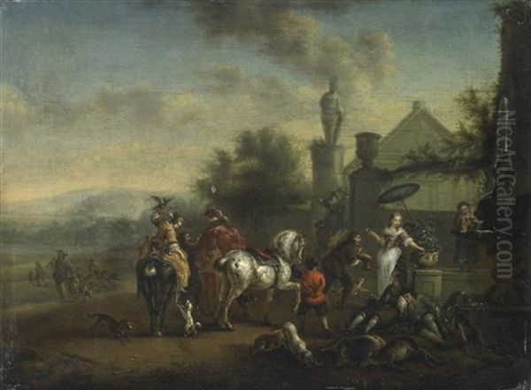 Hofische Jagdgesellschaft, An Einem Brunnen Rastend Oil Painting by Carel van Falens or Valens