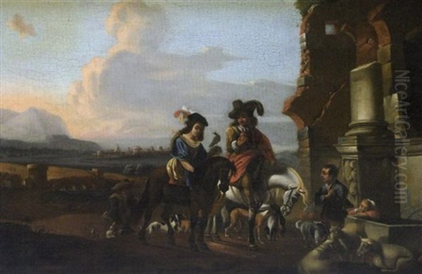 La Halte De Cavaliers Oil Painting by Carel van Falens or Valens