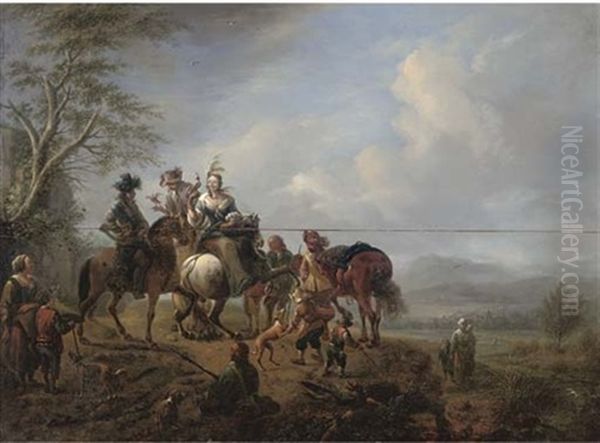 A Landscape With A Hawking Party At Rest On A Track Oil Painting by Carel van Falens or Valens