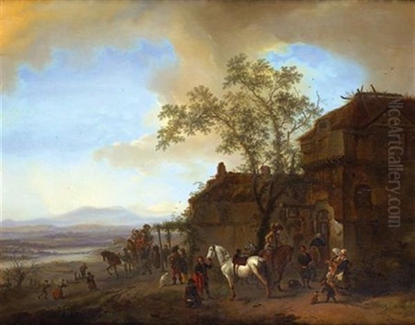 Une Halte De Cavaliers Devant Une Auberge Oil Painting by Carel van Falens or Valens