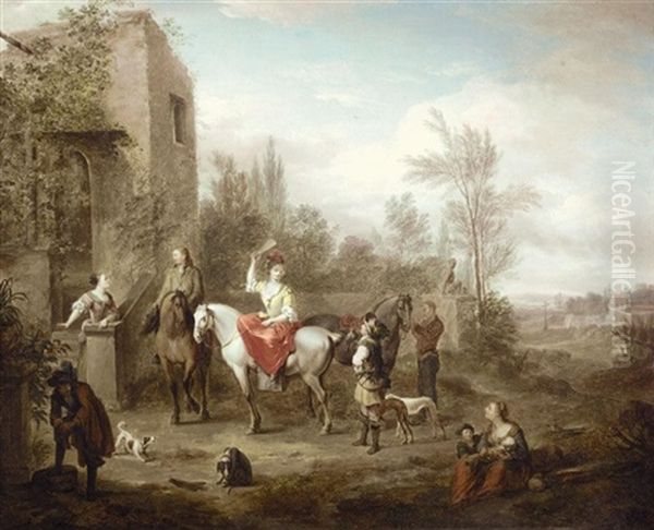 Elegant Figures Resting After The Hunt Oil Painting by Carel van Falens or Valens