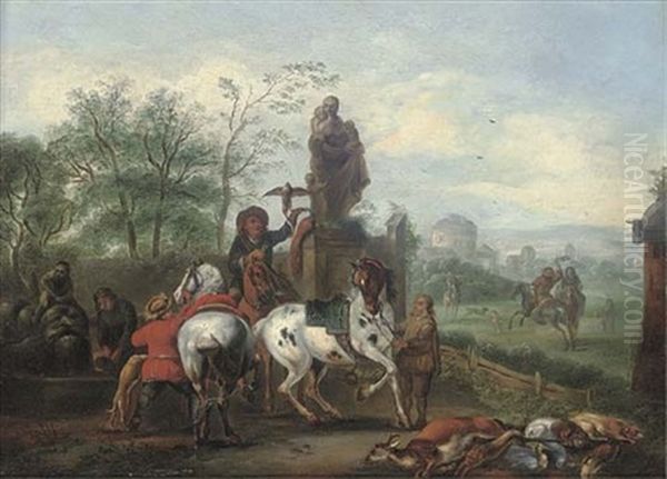 A Hawking Party At Halt By A Statue Oil Painting by Carel van Falens or Valens
