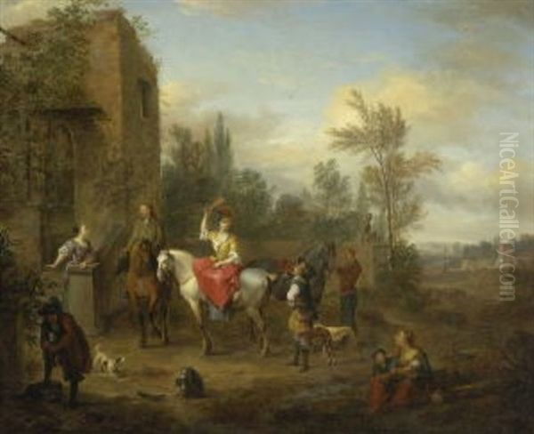 Rastende Jagdgesellschaft Bei Einem Bauernhaus Oil Painting by Carel van Falens or Valens