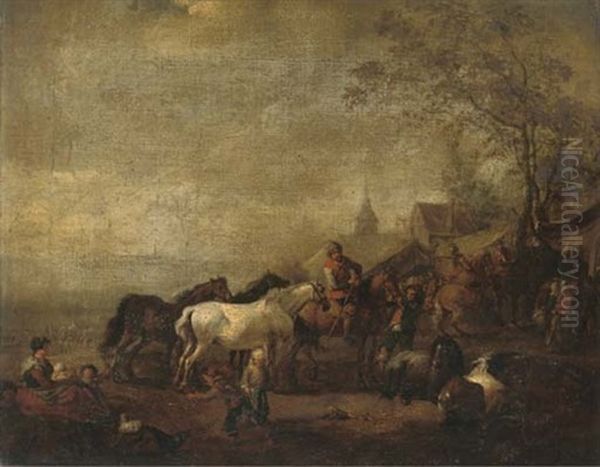 An Encampment With Officers On Horseback Oil Painting by Carel van Falens or Valens