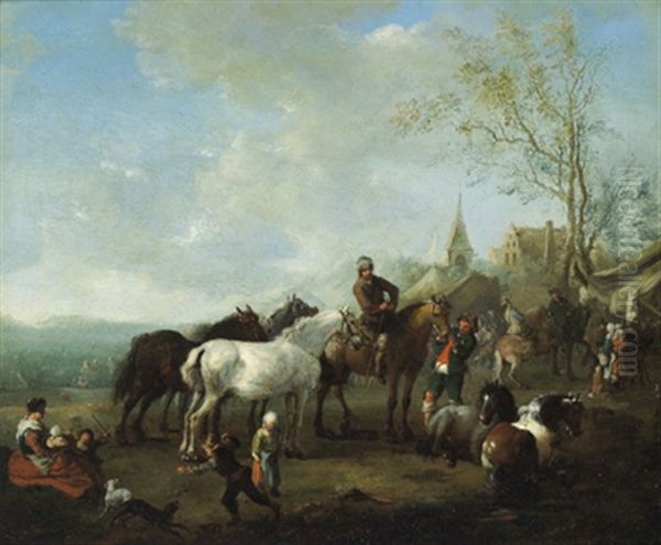 Rastende Reiter In Einer Landschaft Vor Einem Dorf Oil Painting by Carel van Falens or Valens