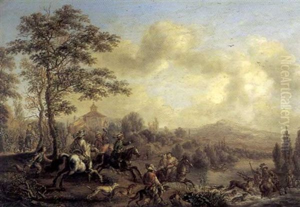 Scene De Chasse A Courre Oil Painting by Carel van Falens or Valens