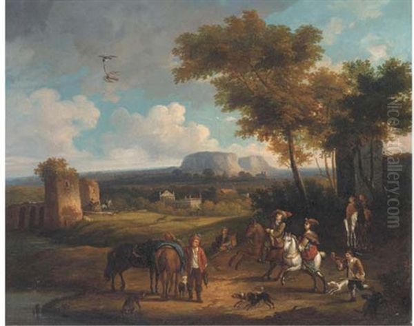 A Broad Landscape With A Hawking Party Oil Painting by Carel van Falens or Valens