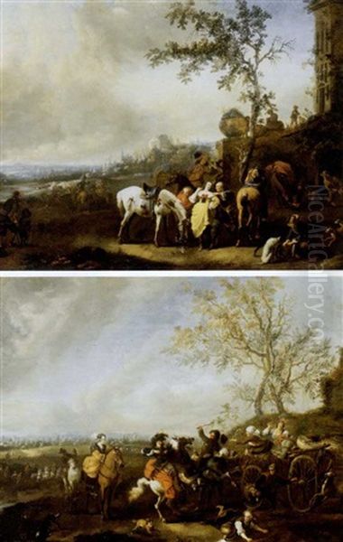 Le Depart Pour La Chasse (+ Dispute Entre Des Cavaliers Elegants Et Des Paysans Se Rendant Au Marche; Pair) Oil Painting by Carel van Falens or Valens