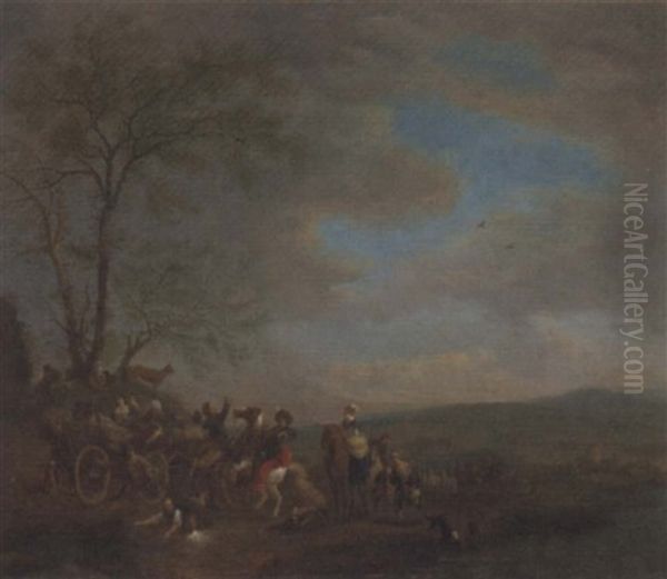 A Hawking Party Disputing With Travellers Oil Painting by Carel van Falens or Valens