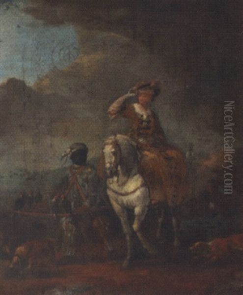 A Lady Hawking With Her Moorish Servant Oil Painting by Carel van Falens or Valens