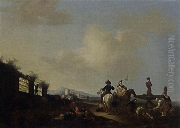 A Landscape With Horsemen, Figures And Dogs Gathered Around A Fountain, A Village In The Distance Oil Painting by Carel van Falens or Valens