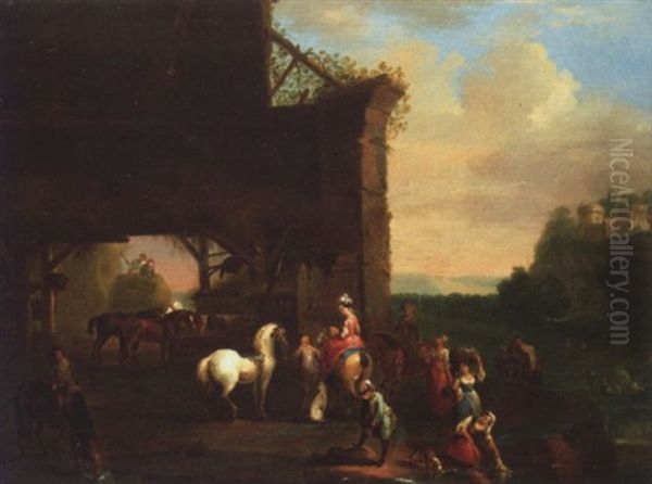 A Travelling Party Changing Horses Oil Painting by Carel van Falens or Valens