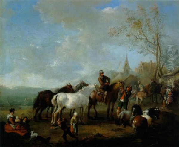 Rastende Reiter In Einer Landschaft Oil Painting by Carel van Falens or Valens