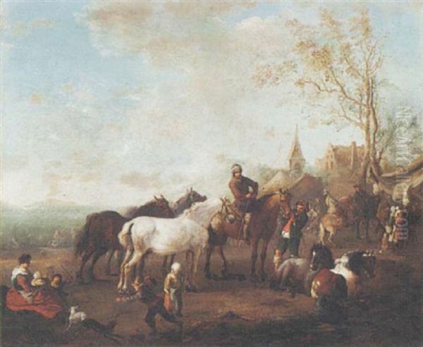 Figures And Horses In A Landscape Oil Painting by Carel van Falens or Valens