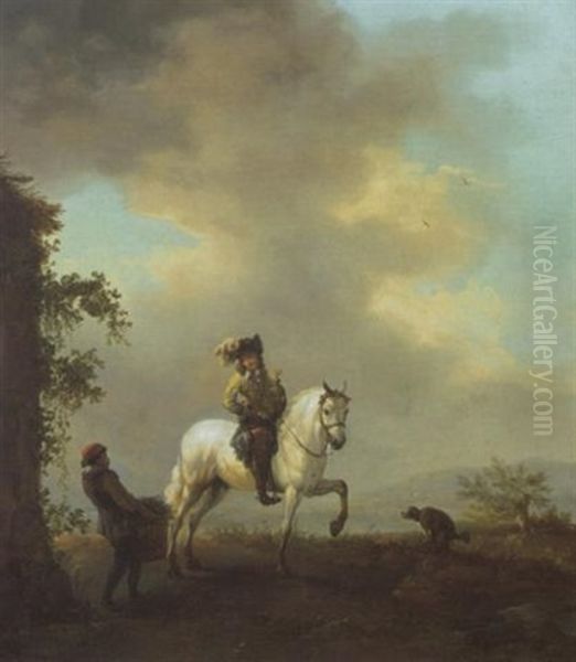 Fauconnier A Cheval En Conversation Avec Un Ramasseur De Petit Bois Oil Painting by Carel van Falens or Valens