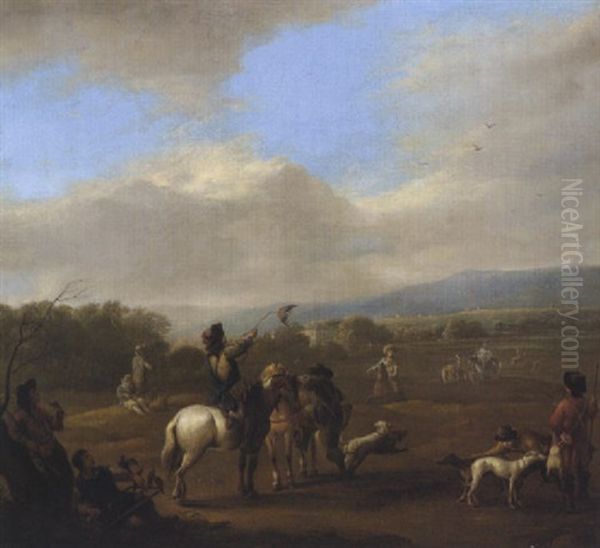 Elegante Reiter Auf Der Falkenjagd Oil Painting by Carel van Falens or Valens