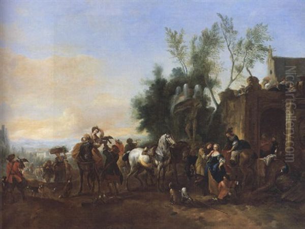 Elegante Jagdgesellschaft Vor Einem Schlos Oil Painting by Carel van Falens or Valens