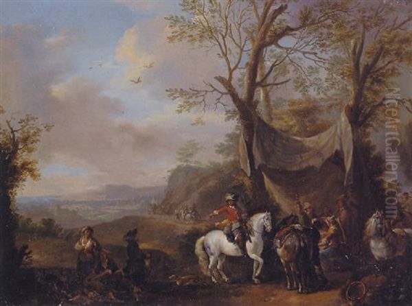 An Extensive Landscape With A Hunting Party Taking Refreshment Under An Awning Oil Painting by Carel van Falens or Valens