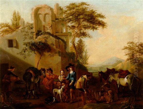 Gesellschaft Mit Jager Bei Einer Gaststatte Oil Painting by Carel van Falens or Valens