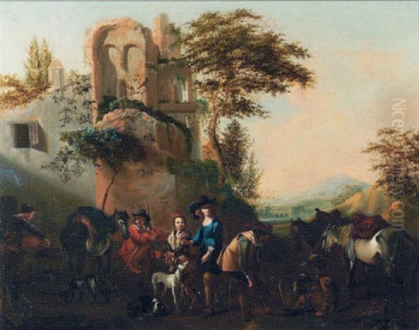 Rastende Jagdgesellschaft Mit Pferden Und Hunden Oil Painting by Carel van Falens or Valens