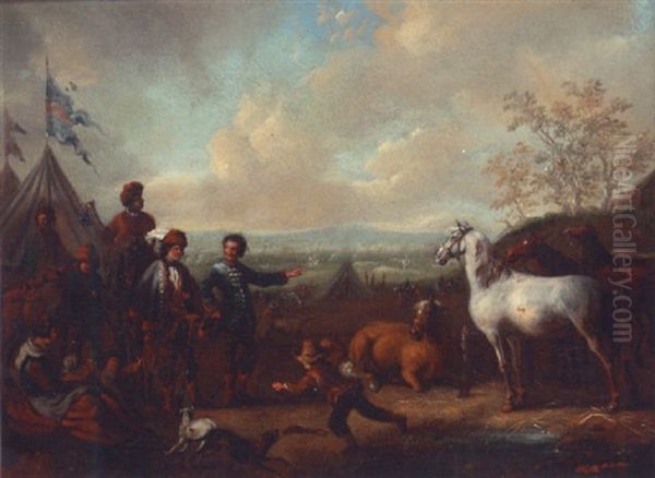 A Military Encampment With Cavalrymen Choosing Horses Oil Painting by Carel van Falens or Valens