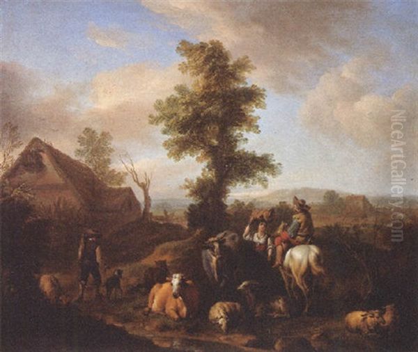 A Peasant Woman Meeting A Shepherd On A River Bank In A Summer Landscape Oil Painting by Carel van Falens or Valens