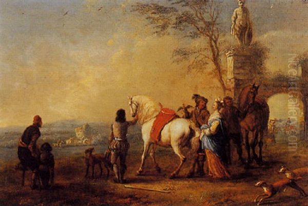 Horsemen Standing Outside A Grotto Oil Painting by Carel van Falens or Valens