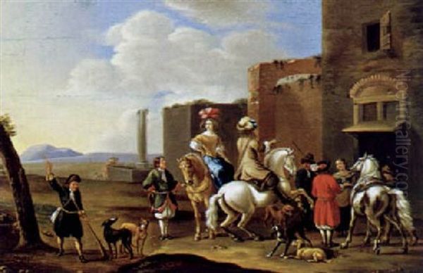 Rastende Reiter Vor Ruinen Oil Painting by Carel van Falens or Valens