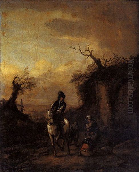Un Cavalier Demandant Son Chemin A Des Pelerins De Saint Jacques Oil Painting by Carel van Falens or Valens