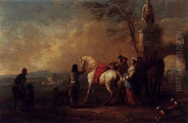 Horsemen Standing Outside A Grotto Oil Painting by Carel van Falens or Valens