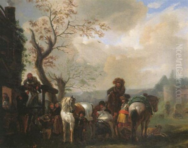 Scene De Village Avec Un Marechal-ferrant Oil Painting by Carel van Falens or Valens