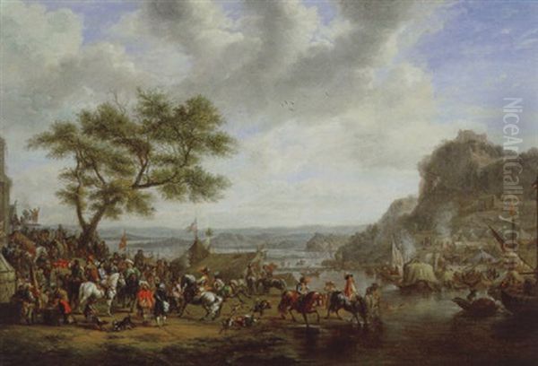 Feldlager An Einem Flus Mit Zelten, Schiffen Und Vielen Soldaten Oil Painting by Carel van Falens or Valens