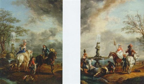 Elegant Couple Halting At Fountain After The Chase Oil Painting by Carel van Falens or Valens