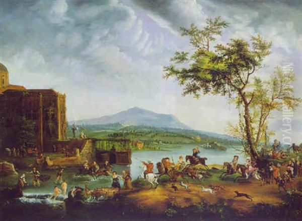 Hirschjagd In Einer Weiten Fluslandschaft Mit Einem Schlos Oil Painting by Carel van Falens or Valens