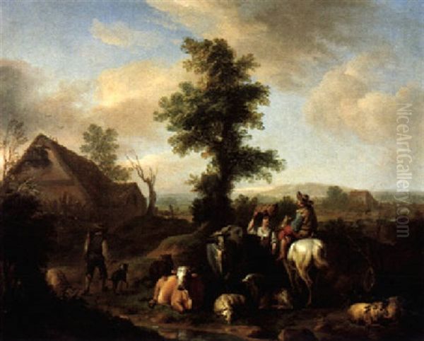 Landschaft Mit Hirten Und Herde Oil Painting by Carel van Falens or Valens