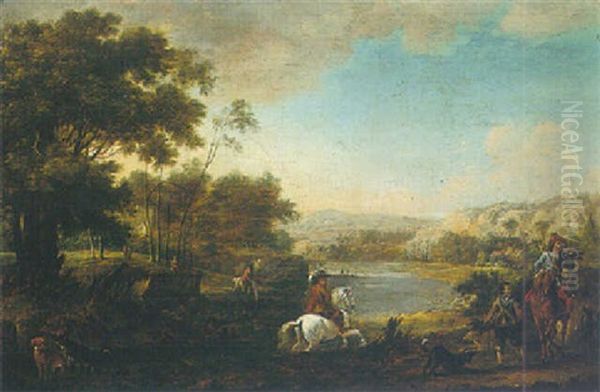 A Wooded River Landscape With A Hawking Party Oil Painting by Carel van Falens or Valens