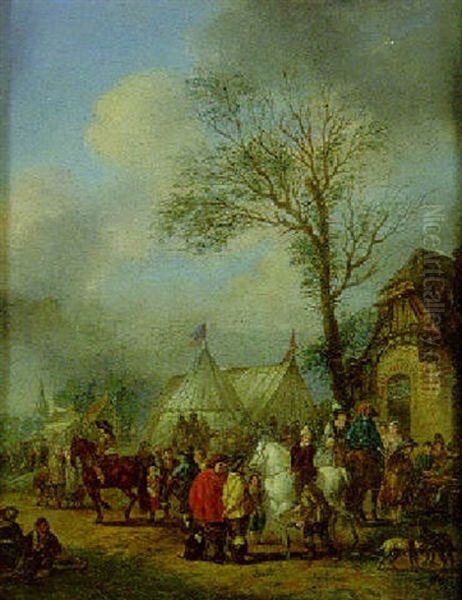 Horsemen And Other Figures Before An Inn Oil Painting by Carel van Falens or Valens