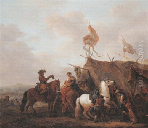 Le Campement Militaire Oil Painting by Carel van Falens or Valens