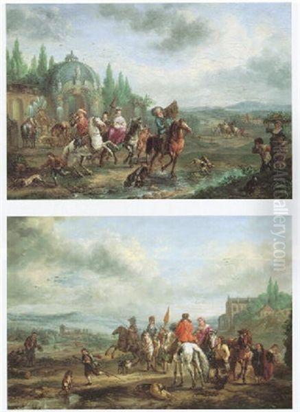 Hawking Partie With Elegant Figures On Horseback In Hilly Landscape Oil Painting by Carel van Falens or Valens
